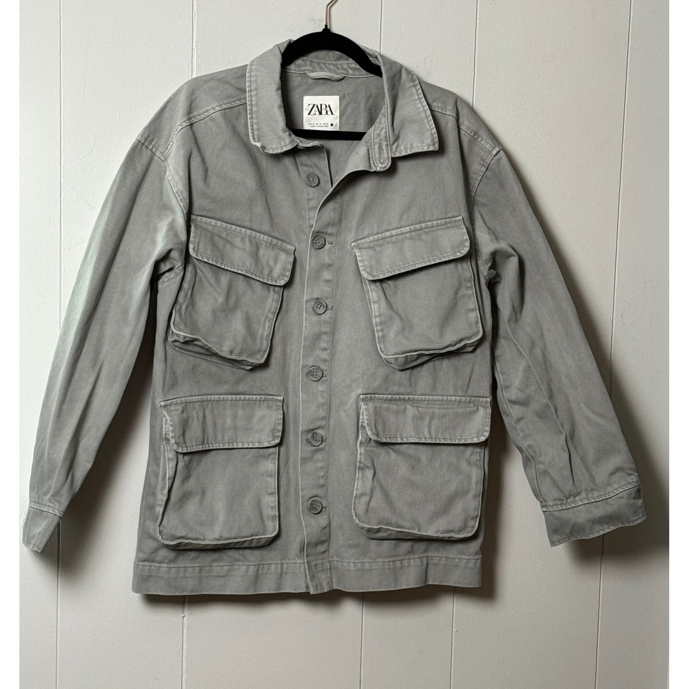Zara Women's Olive Green Utility Field Jacket 100% Cotton Cargo Pocket Coat Sz M